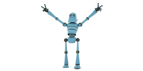 Robot signals about the coming victory, 3d render