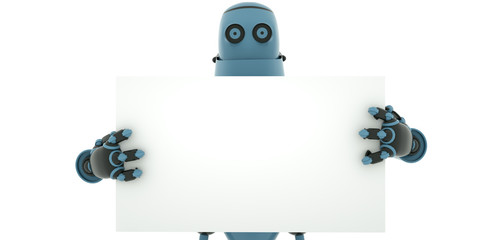 Robot holds in his hands a poster in all growth, 3d render