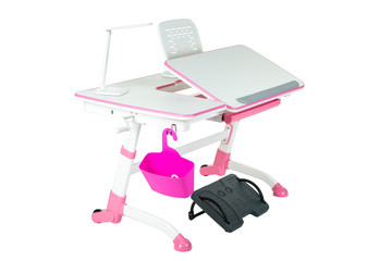 Pink school desk, pink basket, desk lamp and black support under legs
