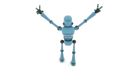 Robot showing the victory sign on two hands, view from the back, 3d render