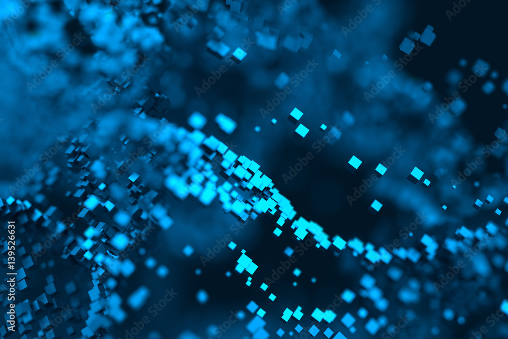 Poster abstract 3d rendering of chaotic particles. flying cubes in empty space. dynamic shape. futuristic b