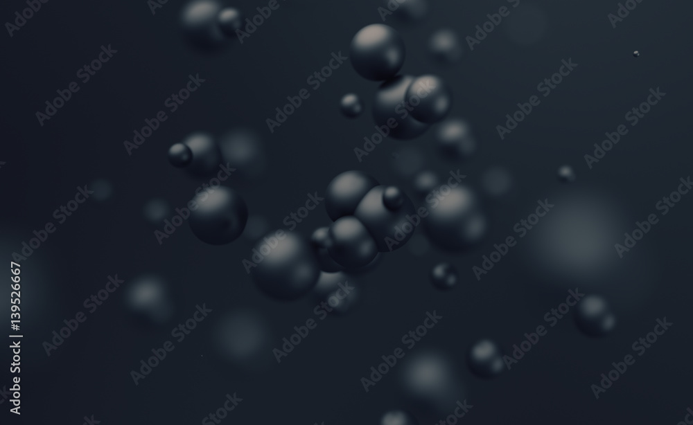 Poster abstract 3d rendering of chaotic spheres. flying particles in empty space. dynamic shape. futuristic