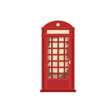 Red phone box vector illustration. London telephone booth isolated on white background.