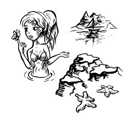 Inkt tekening van meisje in zee