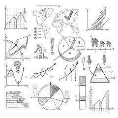 Population demography doodle vector infographic with hand drawn charts, pie graphs, diagrams, world map and sketch people icons