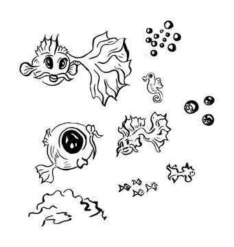 Sierlijke inkttekening van vissen