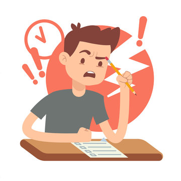 Worried, upset teen student on exam. Education and study vector concept