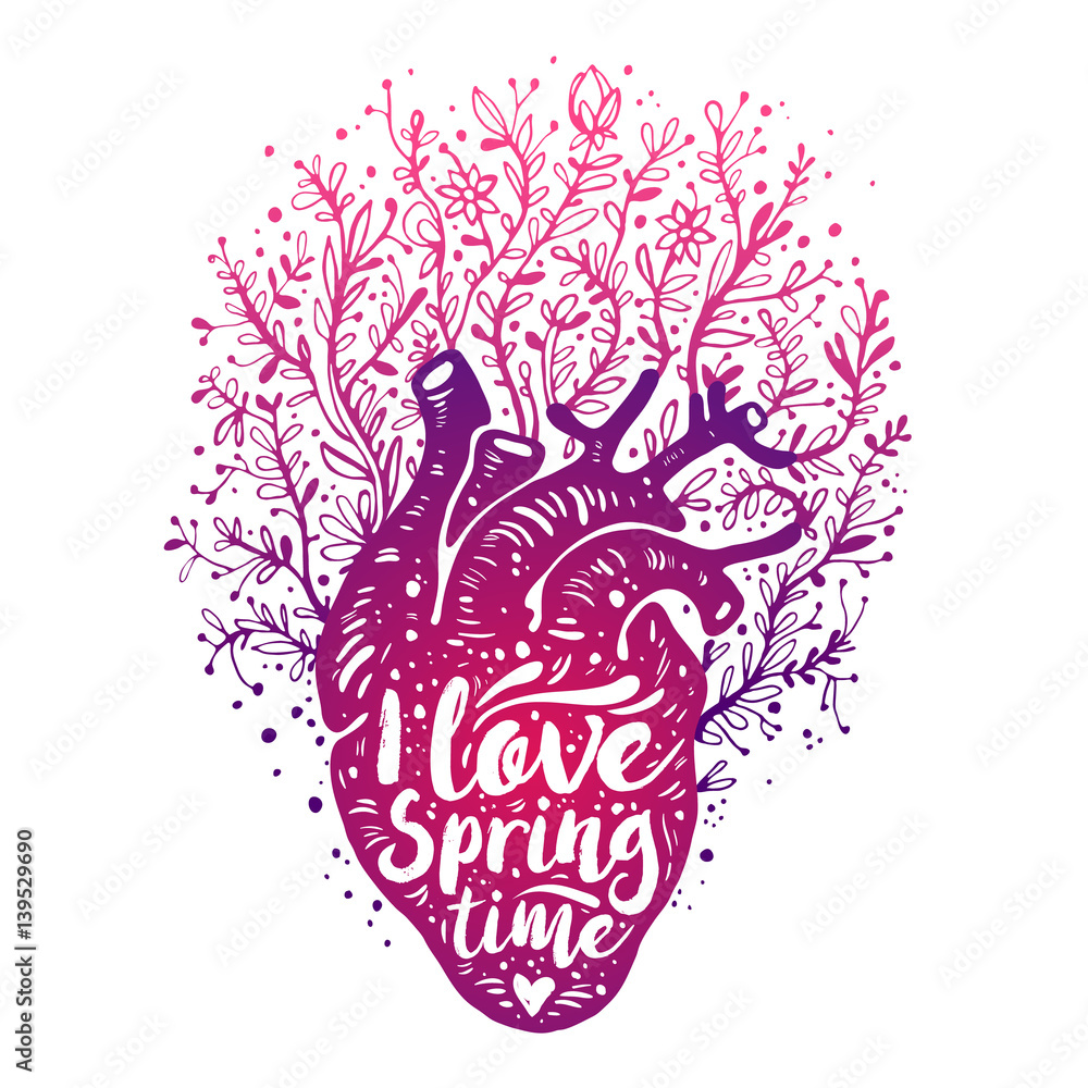 Wall mural Blooming Anatomical human heart with flowers. tagline I love spring time. Valentines day card. Vector illustration, elements for design, tattoo - Wall murals