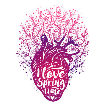 Blooming Anatomical human heart with flowers. tagline I love spring time. Valentines day card. Vector illustration, elements for design, tattoo