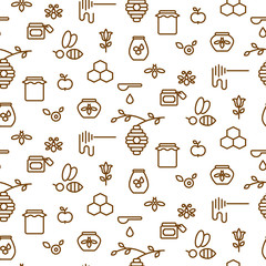 Beekeeping outline icon seamless vector pattern. Line style monochrome honey bee background.