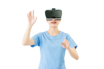 asian female surgeon touch screen by VR headset
