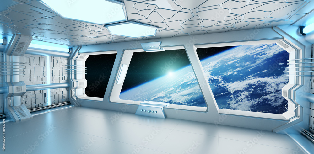 Poster Spaceship interior with view on the planet Earth 3D rendering elements of this image furnished by NASA
