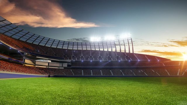 stadium Moving lights, animated flash  with people fans. 3d render illustration cloudy sky 