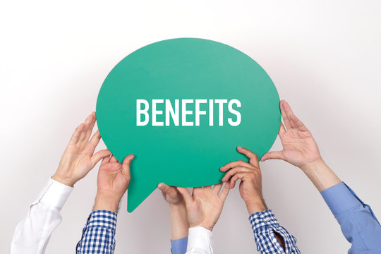 Group of people holding the BENEFITS written speech bubble