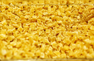 Square shape jelly candy flavor fruit, candy dessert colorful on sugar