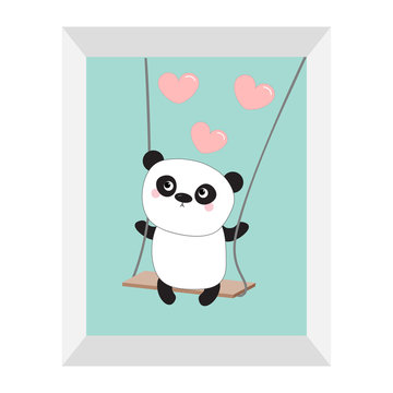 Panda ride on the swing. Pink flying hearts. Cute fat cartoon character. Kawaii baby collection. Picture frame. Love card. Flat design. Funny kids style. Blue sky background. Isolated.