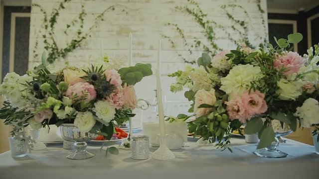 Wedding details. Beautiful flowers decration. Flowers composition
