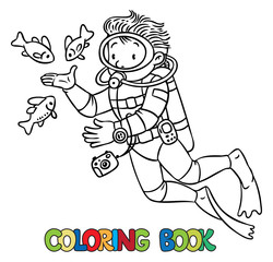 Funny oceanographer or diver. Coloring book