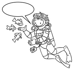 Funny oceanographer or diver. Coloring book