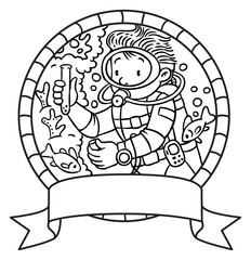 Oceanographer or diver. Coloring book or Emblem