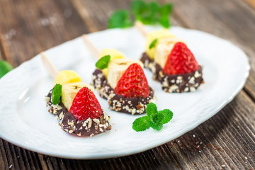 Fresh Fruit skewers with chocolate
