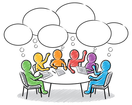 Farbige Strichm&auml;nnchen: Team-Besprechung am runden Tisch mit Sprechblasen