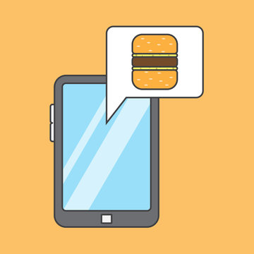 the order and delivery of food,smartphone app, fast food, online store, delivery, pressing of the button,website with the menu, the vector image, flat design,outline style