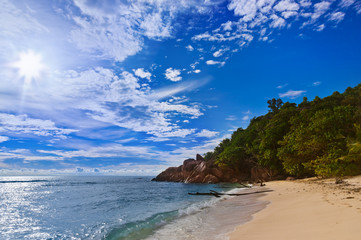 Seychelles tropical beach at sunset