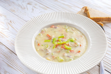 Traditional Nigerian mixed vegetable soup with corn fleur