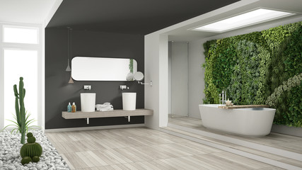 Minimalist white and gray bathroom with vertical and succulent garden, wooden floor and pebbles, hotel, spa, modern interior design