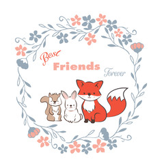 doodle set of best friends forever, cute fox, rabbit and  squirrel in floral frames hand drawing vector illustration for kid  t-shirt print, greeting and invitation card