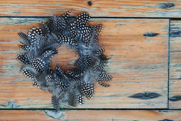 Decorative wreath with feathers on wooden planks.