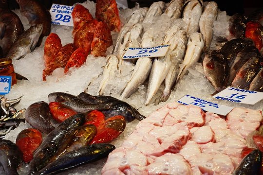 Fresh fish for sale on a market stall, Heraklion.