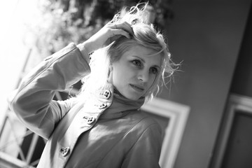 portrait of a girl on a city street in black and white