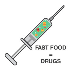 syringe and fast food, drug, dependence, food, vector image, flat design, outline style