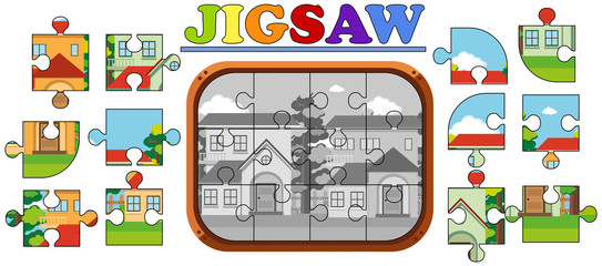 Jigsaw puzzle pieces of houses on the road