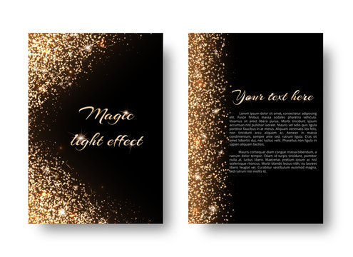 Glimmer background with glowing lights. Glittering gold on a black backdrop.
