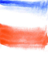 Card with red and blue blots. Watercolor painting for design. Abstract bright textured backdrop. Postcard, banner, logo, invitation. Hand paint isolated on white background. Vector illustration.
