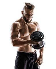Muscular male with dumbbell isolated on white background. Photo of strong male with naked torso. Strength and motivation.