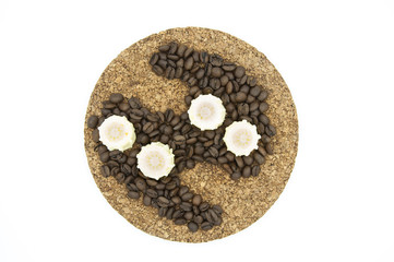 Pieces of chocolate and coffee beans