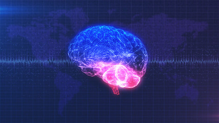 Computer generated digital brain with moving brainwave in front of data map of the Earth