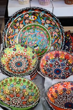 Traditional Cretan painted ceramic dishes for sale, Crete.