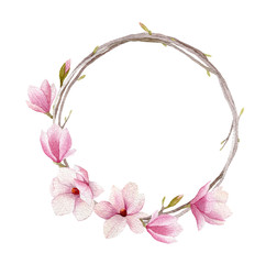 Watercolor magnolia wreath isolated on white background. Woman day greeting card design.