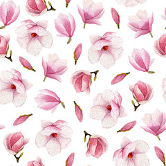Watercolor magnolia seamless pattern on white background. Hand drawn flowers and buds.