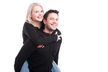 Cheerful smiling couple in love hugging