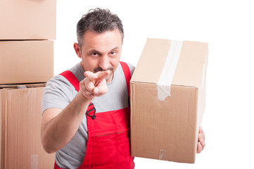 Mover man holding box and showing watching you gesture