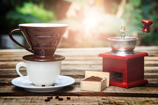 drip coffee set with nature background. food and drink in relax concept