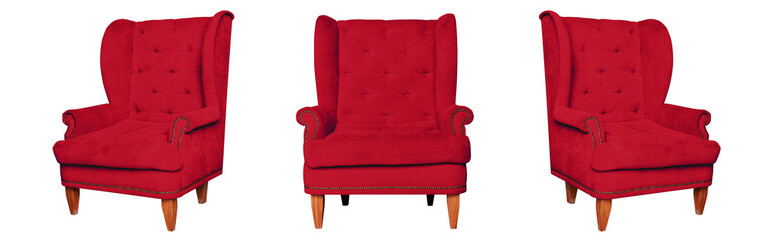 Textile classic red chair isolated on white background. View from different sides - front and two...