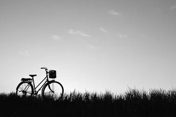 Papier Peint photo Vélo Silhouette of old bicycle on grass with the sky sunset, color black and white tone and soft focus concept journey