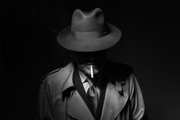 Noir film character smoking a cigarette